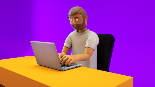 Personaje 3d con cuaderno sobre la mesa