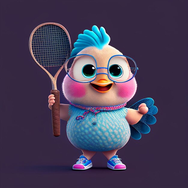 Personaje 3D Dibujos animados Pollo Pollito Raqueta de tenis IA generativa