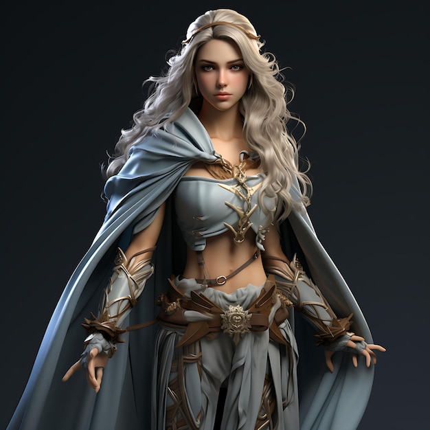 Foto personaje 3d elfa femenina delgada justo sosteniendo un arco arquero quiver largo flujo arte de diseño de activos de juego