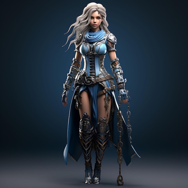 Foto personaje 3d elfa femenina de piel azul delgada sosteniendo una daga mecánica arte de diseño de activos de juego de vapor