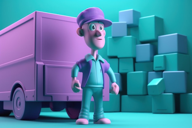 Personaje 3D entregando un paquete con traje azul y sombrero Ai generativo