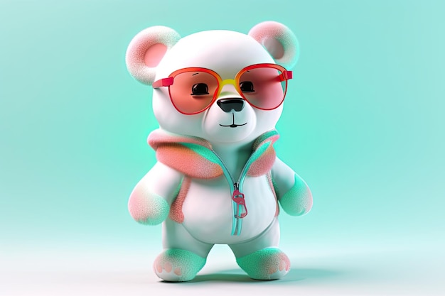 Un personaje 3D feliz y genial de un oso con todo el cuerpo vestido con ropa y gafas de sol en un fondo IA generativa