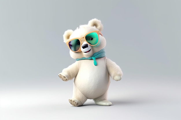 Un personaje 3D feliz y genial de un oso con todo el cuerpo vestido con ropa y gafas de sol en un fondo IA generativa