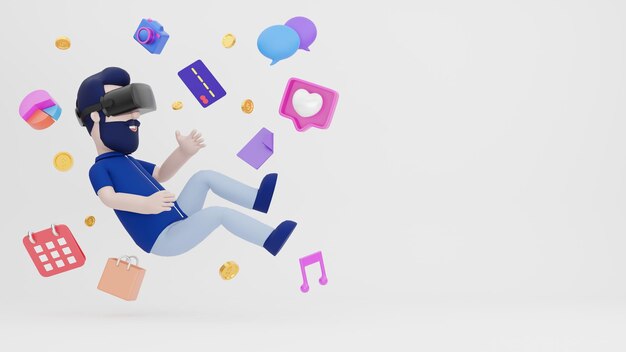 Personaje 3D flotando en el aire con auriculares VR Virtual World Metaverse