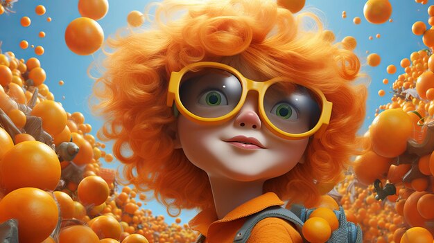 Personaje 3D con gafas y naranjas en el fondo IA generativa