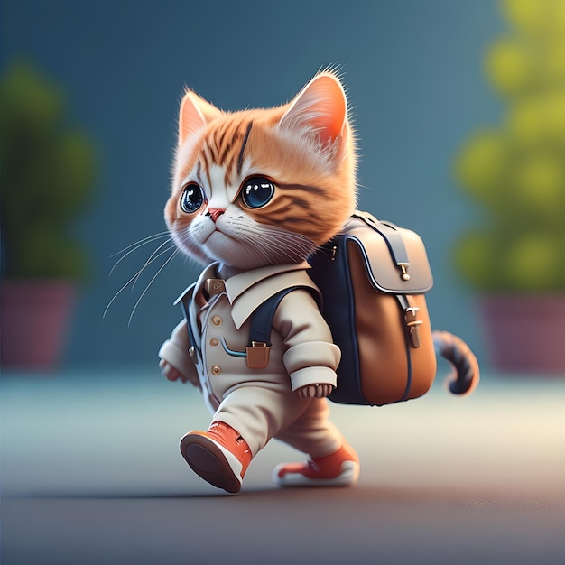 Personaje 3D de un gato diminuto con uniforme escolar completo