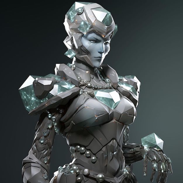 Foto personaje 3d golem femenina fuerte stone gray sosteniendo un cristal viviente estadísticas de juego diseño de activos arte