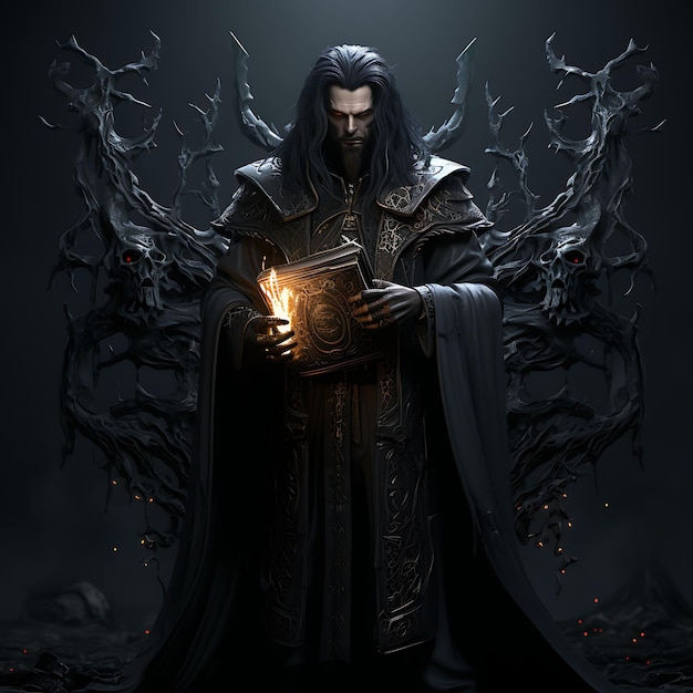 Foto personaje 3d hechicero masculino siniestro pálido sosteniendo un tomo de magia oscura mástil arte de diseño de activos de juego