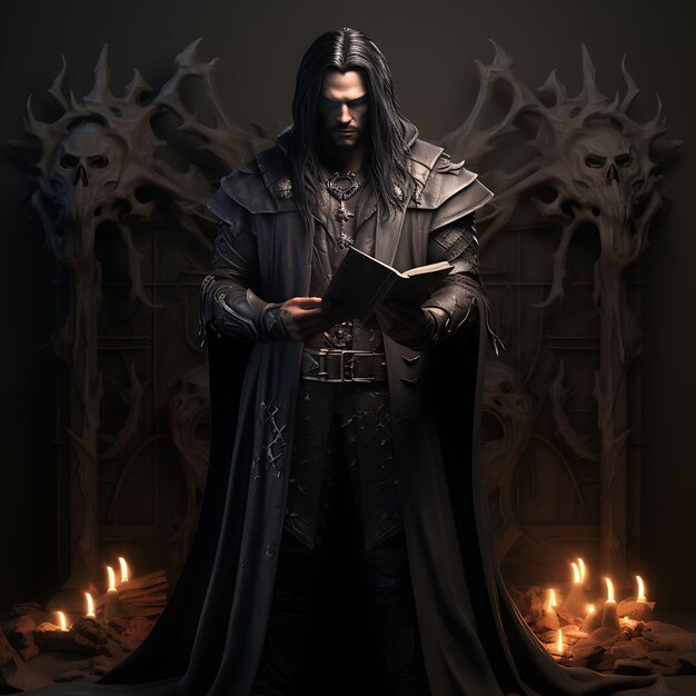 Foto personaje 3d hechicero masculino siniestro pálido sosteniendo un tomo de magia oscura mástil arte de diseño de activos de juego