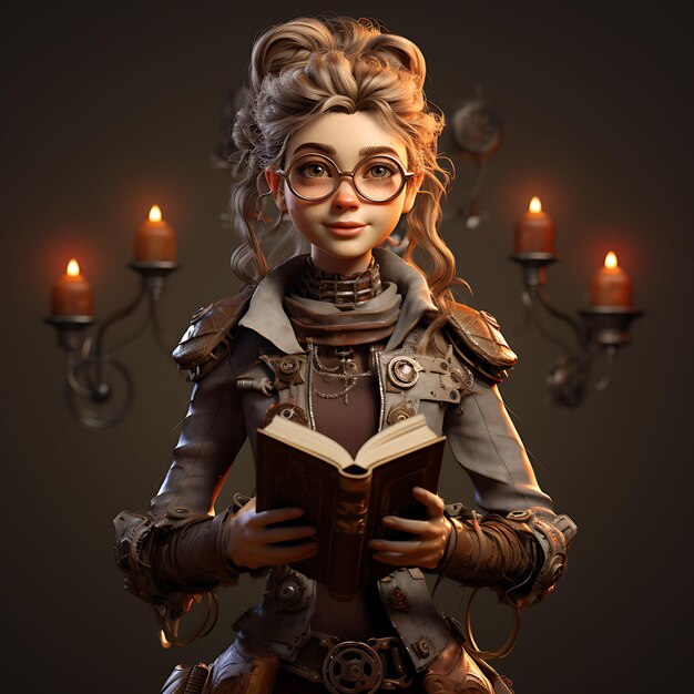 Personaje 3D Hombre de piel pequeña y pecilosa con un libro Steampunk L Arte de diseño de activos de juego