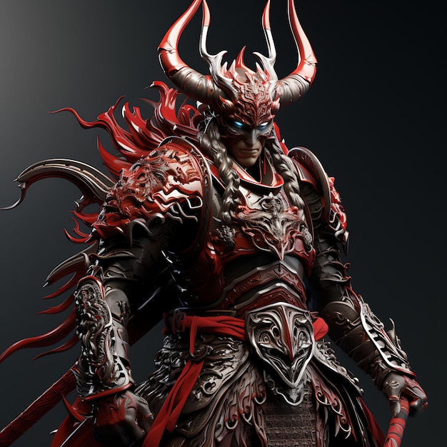 Personaje 3D Hombre Samurai Shogun Regal Crimson sosteniendo un Naginata Juego feudal Diseño de activos Arte