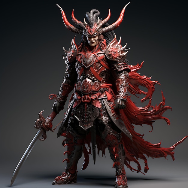 Personaje 3D Hombre Samurai Shogun Regal Crimson sosteniendo un Naginata Juego feudal Diseño de activos Arte