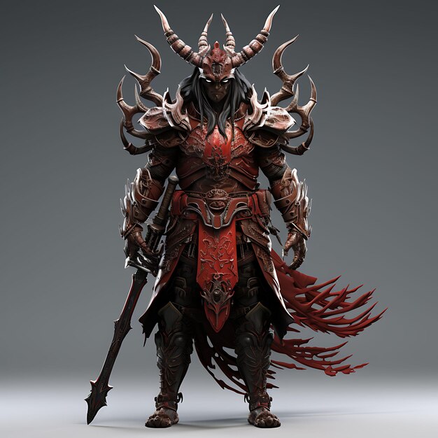 Foto personaje 3d hombre samurai shogun regal crimson sosteniendo un naginata juego feudal diseño de activos arte