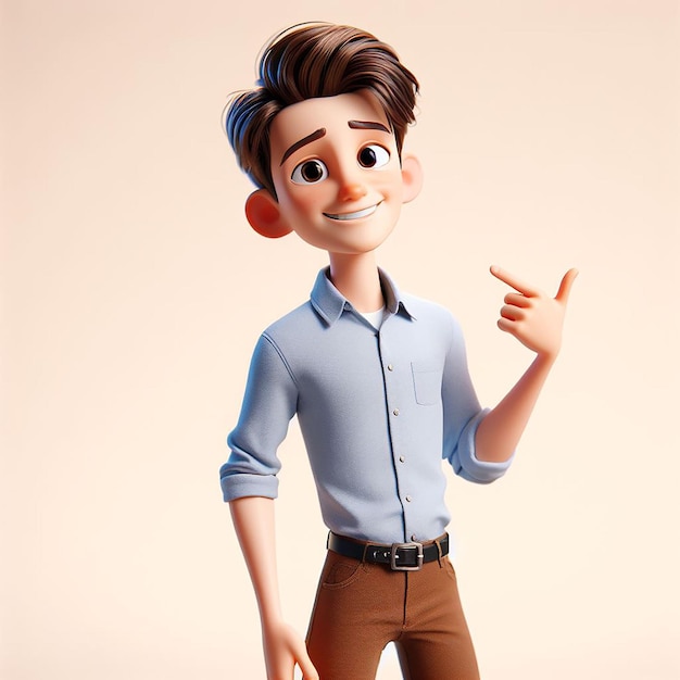 Personaje 3D de un joven con una camisa azul claro y dos manos con dedos