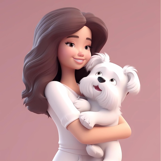 Personaje 3D linda chica barbie con cabello oscuro abrazando a un cachorro blanco y esponjoso