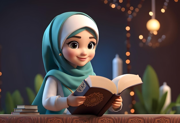 Personaje 3D musulmán hijab niña linda sonrisa leer libro