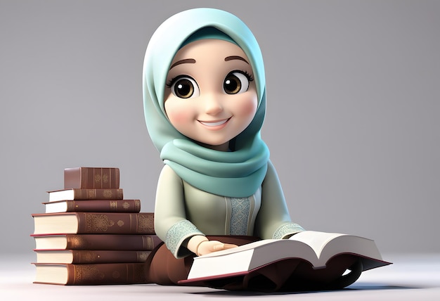 Personaje 3D musulmán hijab niña linda sonrisa leer libro