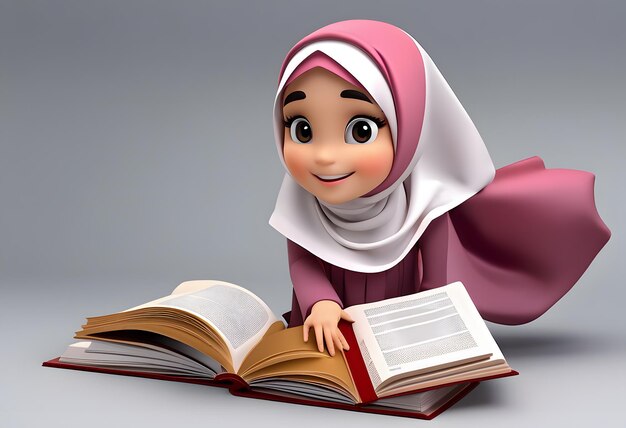 Personaje 3D musulmán hijab niña linda sonrisa leer libro