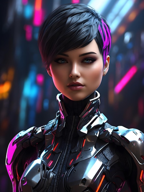 Un personaje 3D muy detallado con una estética cyberpunk futurista de pie en una pose dinámica w