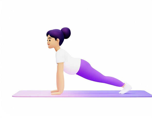 Personaje 3D practicando yoga haciendo push y press ups postura de tabla generada por IA