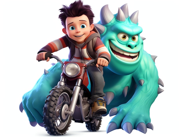 Personaje en 3D retrata a un niño montando un monstruo