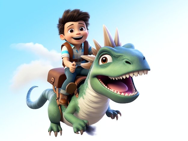 Personaje en 3D retrata a un niño montando un monstruo