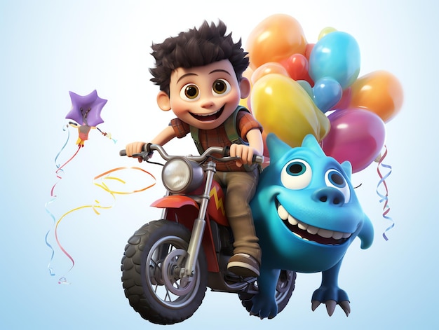 Un personaje en 3D retrata a un niño montando un monstruo