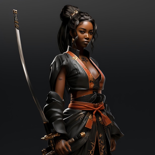 Foto personaje 3d samurai femenina en forma de ébano sosteniendo un guerrero samurai naginata arte de diseño de activos del juego