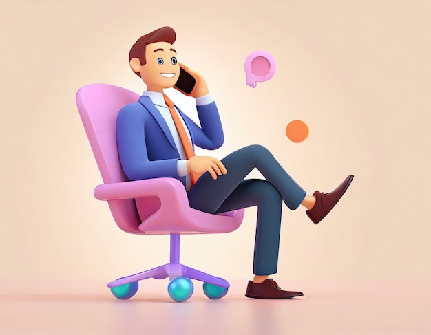Personaje 3D Trabajador de oficina en conversación telefónica sentado en una silla portátil generada por IA