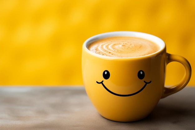 Personaje adorable de taza de café sobre un fondo amarillo con una sonrisa Copia la atmósfera amistosa