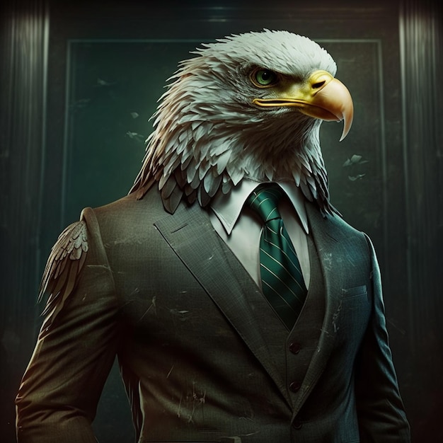 Foto personaje de águila en tuxedo verde sobre un hermoso fondo llano