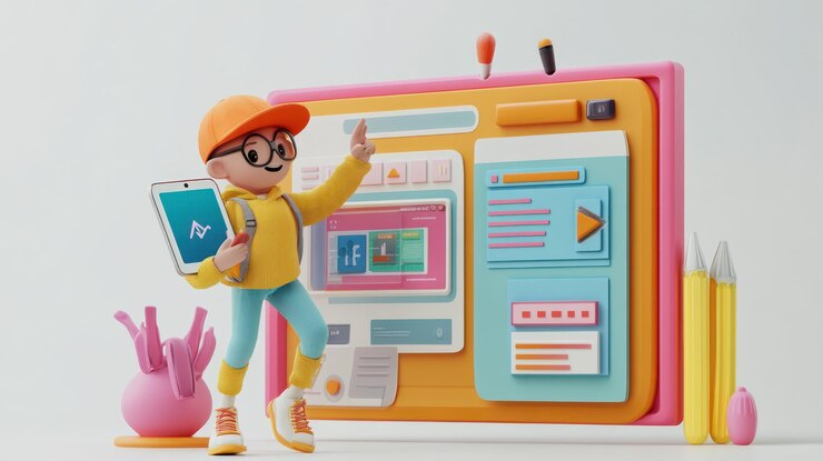 Foto un personaje alegre con una mochila y una tableta de pie junto a una interfaz digital colorida