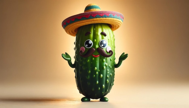 El personaje alegre del pepino, el sombrero colorido, la postura lúdica.