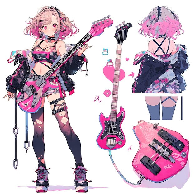 Foto el personaje del ángel femenino chibi kawaii propietario de la tienda de música punk rock fashio concept art sheet manga