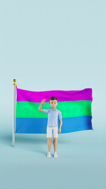 Personaje de animación masculino agitando su mano frente a la bandera del orgullo polisexual en un fondo azul