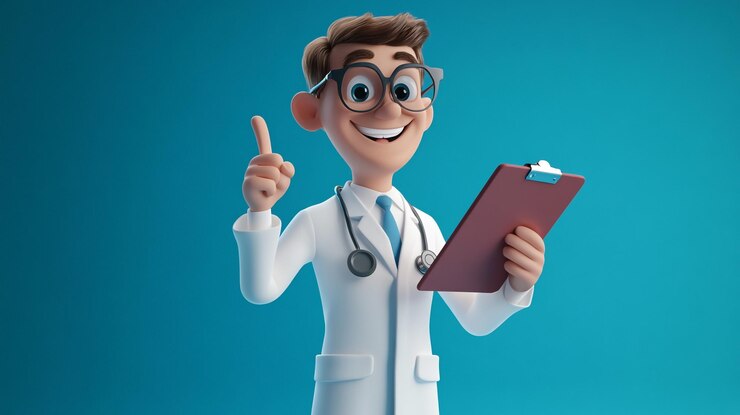 Personaje animado de doctor con portapapeles y gafas sobre un fondo azul