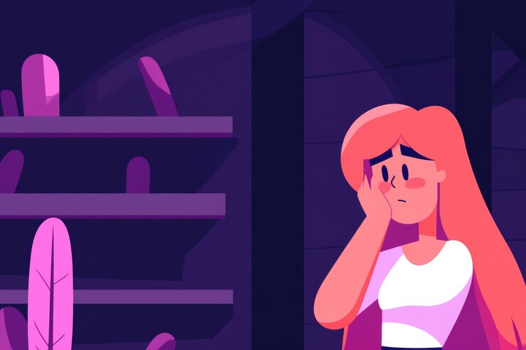 Personaje animado en estado de ánimo pensativo dentro de una habitación colorida con plantas