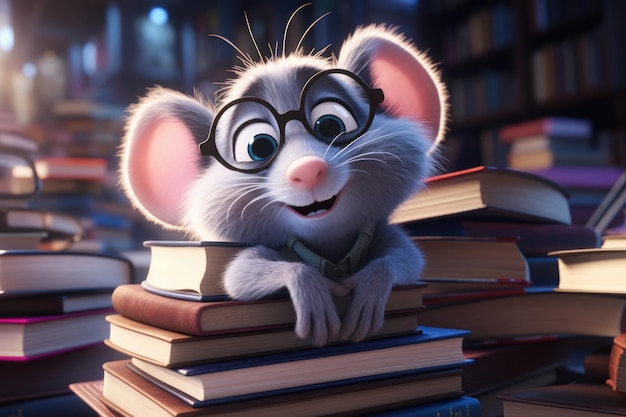 El personaje animado del ratón estudiando con libros