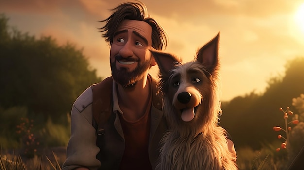 Personaje animado con su perro Animación lúdica Hombre y perro disfrutando del tiempo juntos