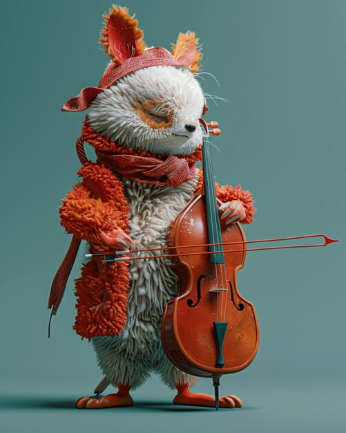 un personaje animal 3D caprichoso tocando un instrumento musical al revés