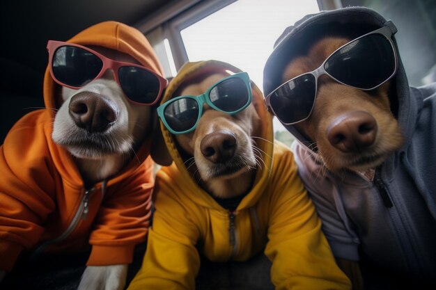 Foto personaje animal antropomórfico humano viendo una película en el sofá con auriculares vr