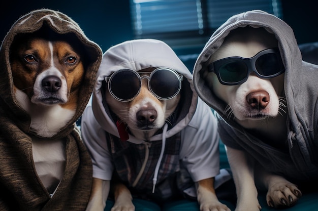 Personaje animal antropomórfico humano viendo una película en el sofá con auriculares VR