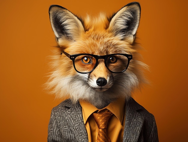 Foto personaje animal antropomórfico lindo vestido de zorro con gafas fondo vacío