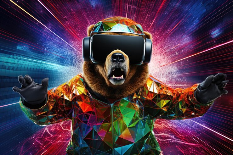 Foto personaje de animales salvajes antropomórficos usando auriculares de realidad virtual
