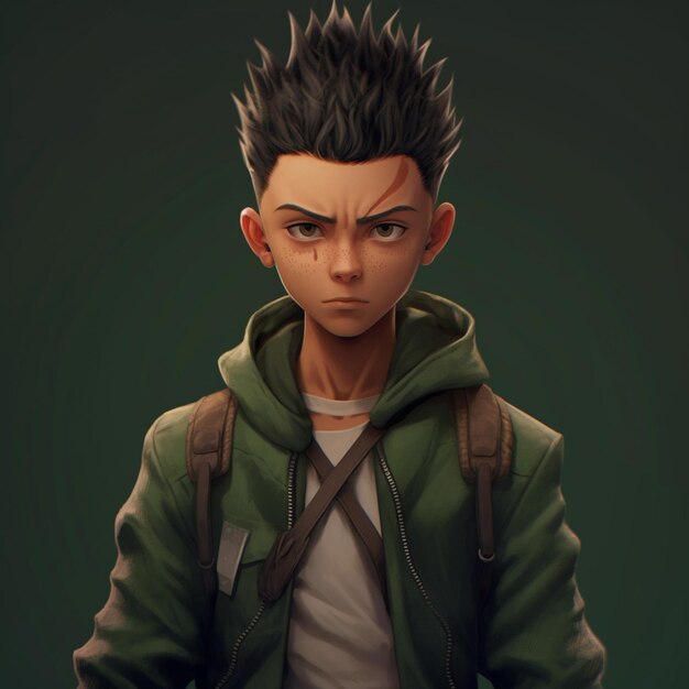 personaje de anime con cabello puntiagudo y mochila en chaqueta verde generativa ai
