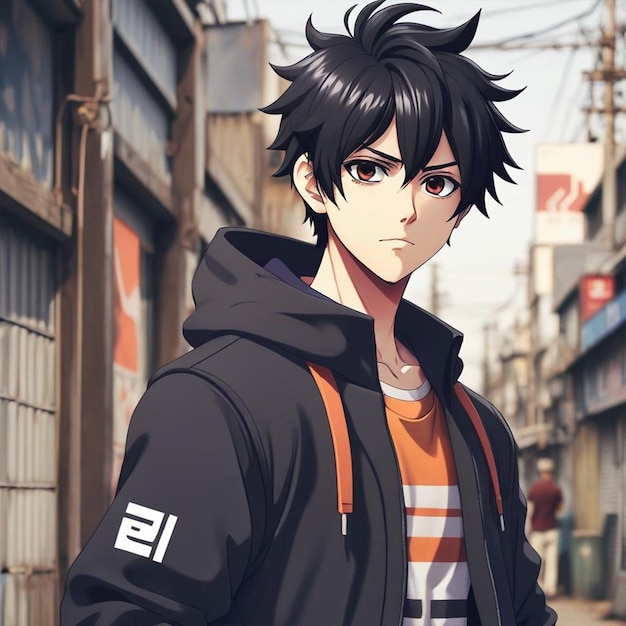 Un personaje de anime con una camisa naranja y una chaqueta negra