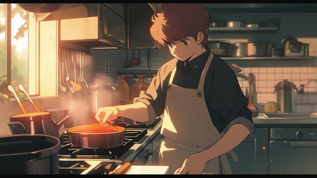 Personaje de anime cocinando en una cocina con estufa y ollas ai generativo.