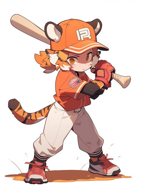 Foto personaje de anime de un jugador de béisbol tigre con un bate generativo ai