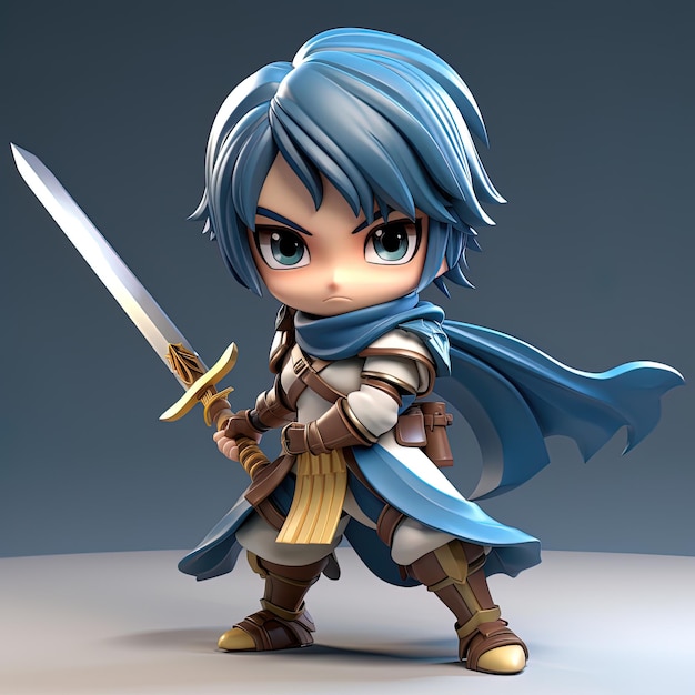Un personaje de anime con un modelo de juguete hecho a mano sosteniendo una espada generada por IA