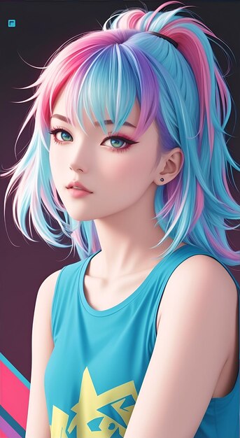 Personaje de anime moderno con colores vibrantes de estilo Cyberpunk